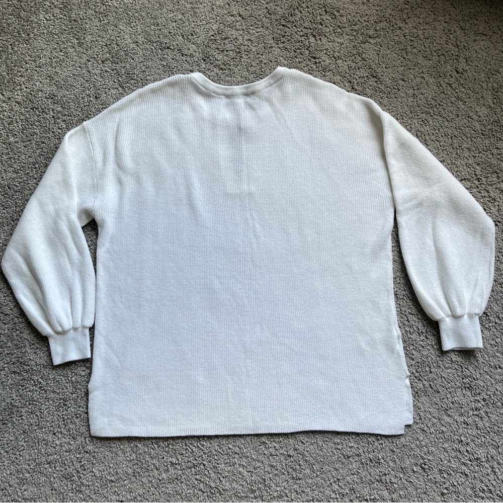 Loft White Ribbed Split Neck Balloon Sleeve Pullover Sweater Size M - Picture 2 of 6